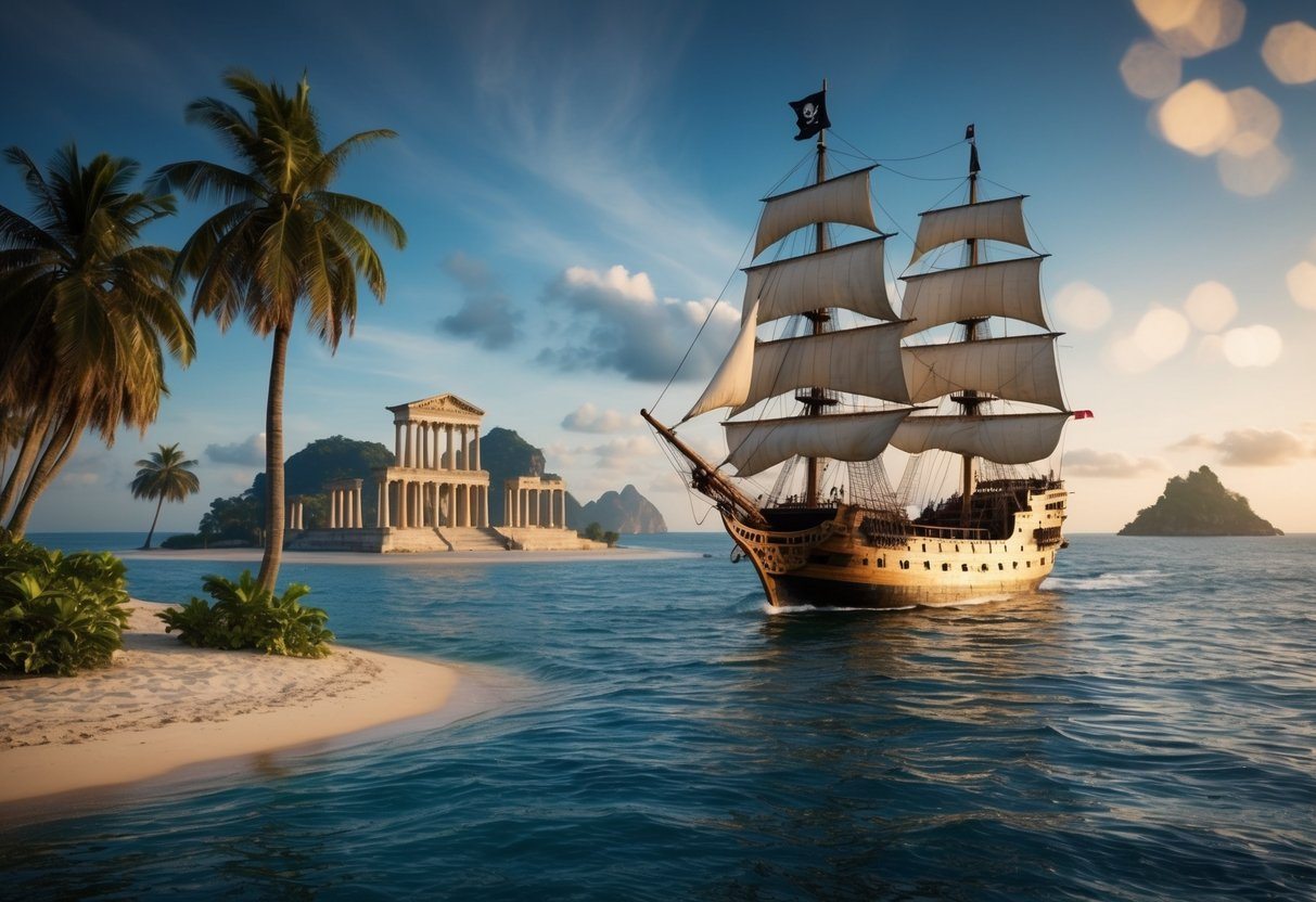 Um navio pirata navega em direção a uma ilha misteriosa com ruínas antigas e palmeiras altas.