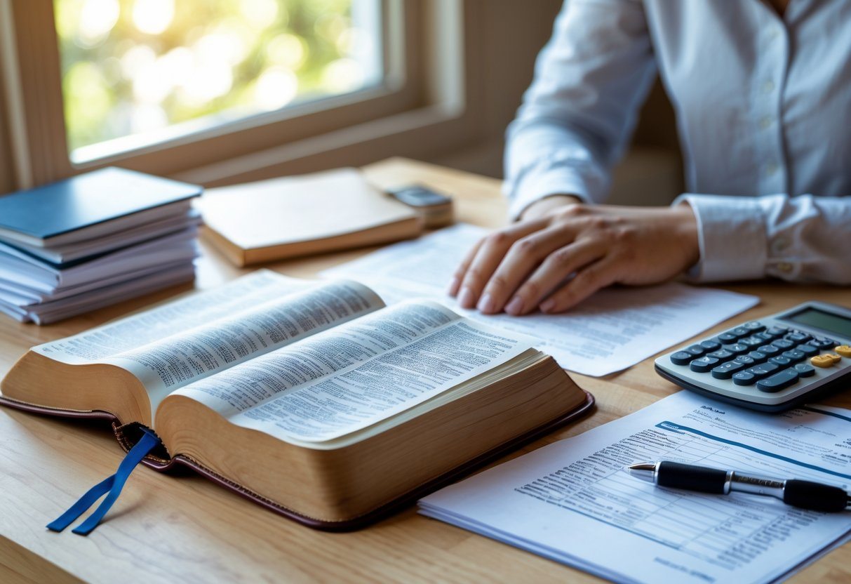 Mesa de trabalho com Bíblia aberta, documentos financeiros, calculadora e mãos sobre a Bíblia, simbolizando reflexão e planejamento para pagar dívidas.