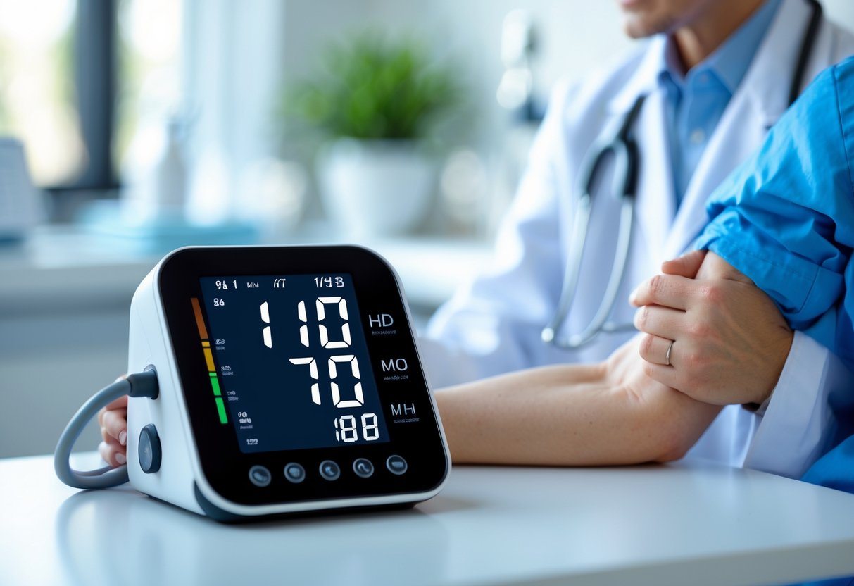 Monitor digital de pressão arterial mostrando leitura 110 por 70, com profissional de saúde segurando o braço de um paciente em ambiente clínico.