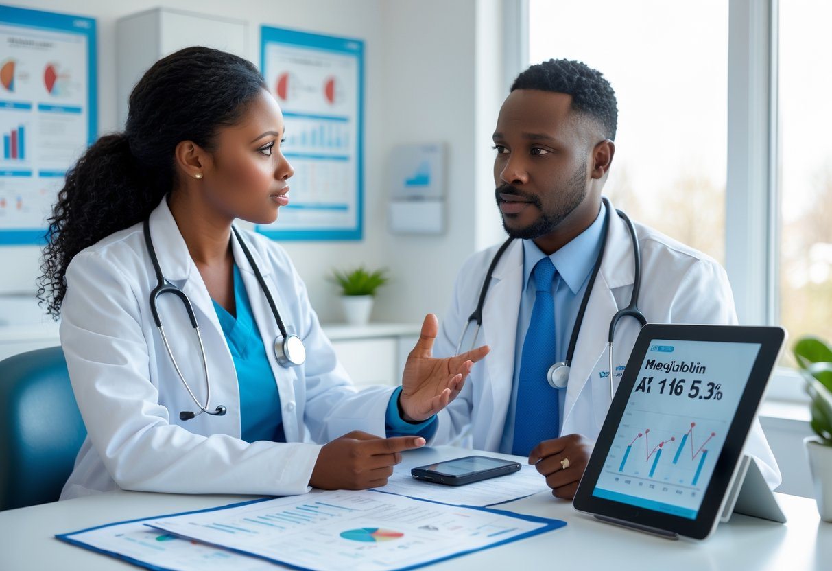 Profissional de saúde conversando com paciente em consultório médico sobre resultados de exame de hemoglobina glicada.