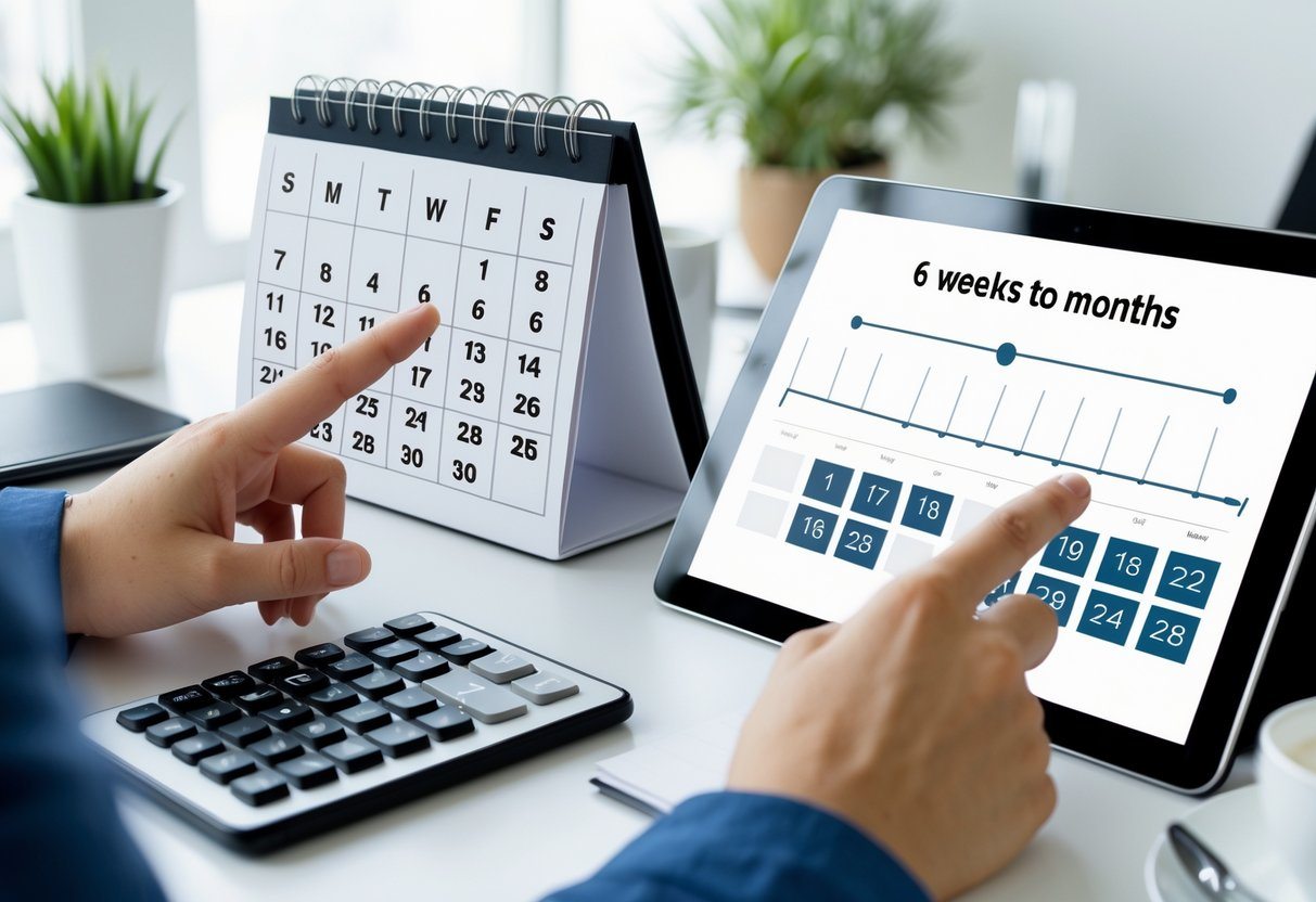 Mãos de uma pessoa usando uma calculadora ao lado de um calendário aberto em uma mesa de trabalho organizada.