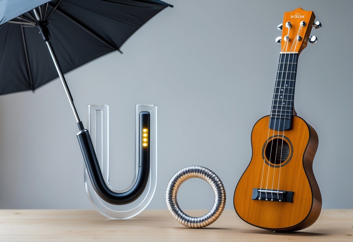 Vários objetos sobre uma mesa que começam com a letra U, incluindo um guarda-chuva, um pen drive USB, um ímã em forma de U e um ukulele.