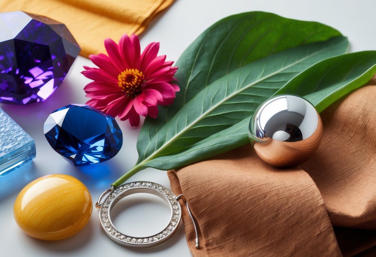 Vários objetos coloridos representando cores que começam com a letra S, dispostos juntos sobre um fundo neutro.