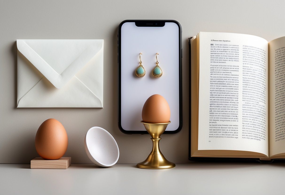 Vários objetos organizados sobre uma superfície neutra, incluindo um envelope, um ovo em suporte, um dispositivo eletrônico, um brinco e um livro aberto.