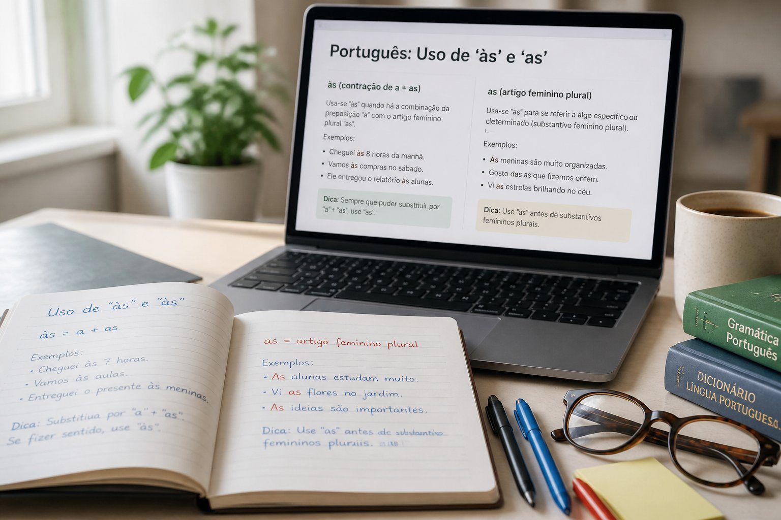 Mesa de trabalho com caderno aberto contendo anotações sobre o uso de 'às' e 'as', laptop ligado, canetas, óculos e uma xícara de café.