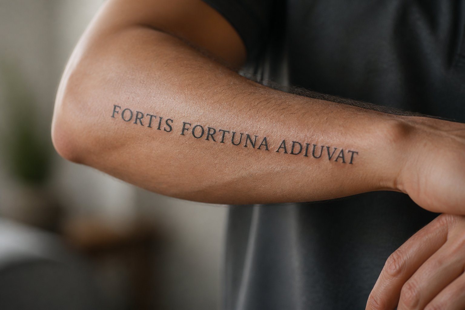Braço de uma pessoa com uma tatuagem de uma frase em latim em destaque.