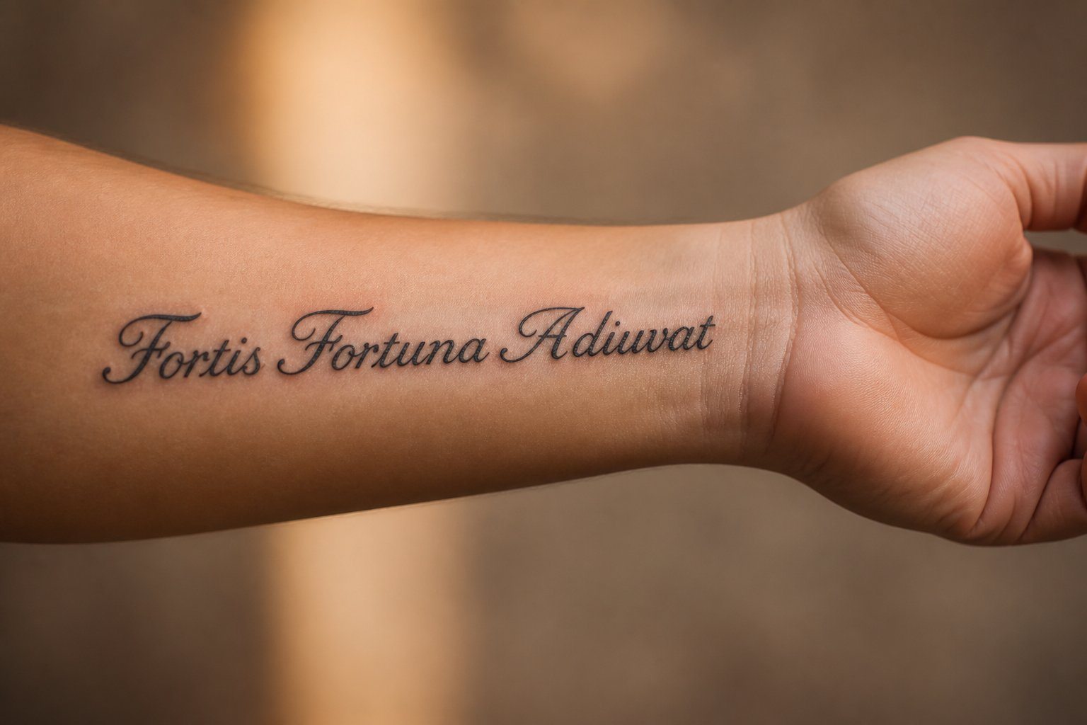 Braço de uma pessoa com uma tatuagem em latim em destaque, mostrando detalhes da pele e da tatuagem.