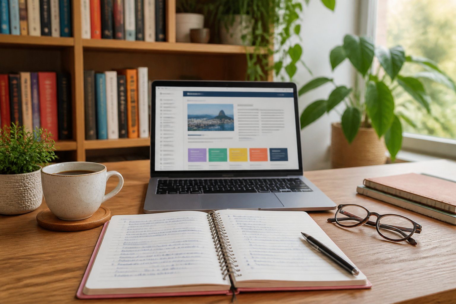 Um ambiente de estudo em casa com um caderno aberto, um laptop, uma xícara de café, óculos e uma caneta sobre a mesa, com uma estante de livros e plantas ao fundo.