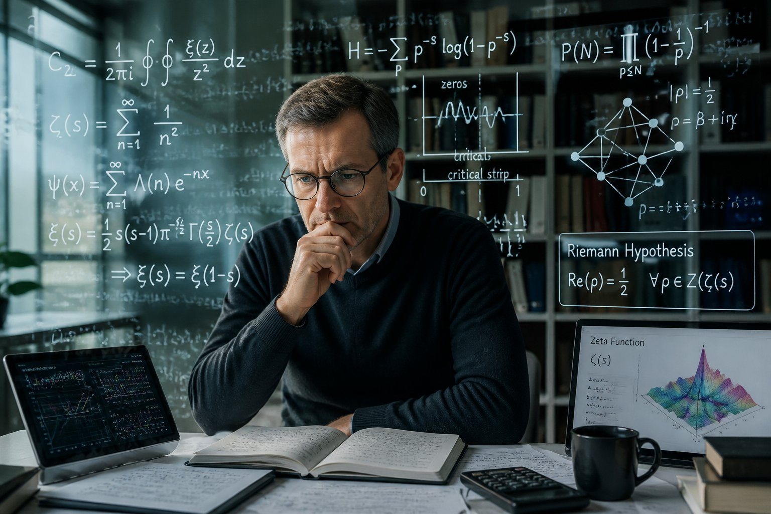Matemático concentrado analisando equações complexas em um escritório moderno com quadros de vidro e livros ao fundo.
