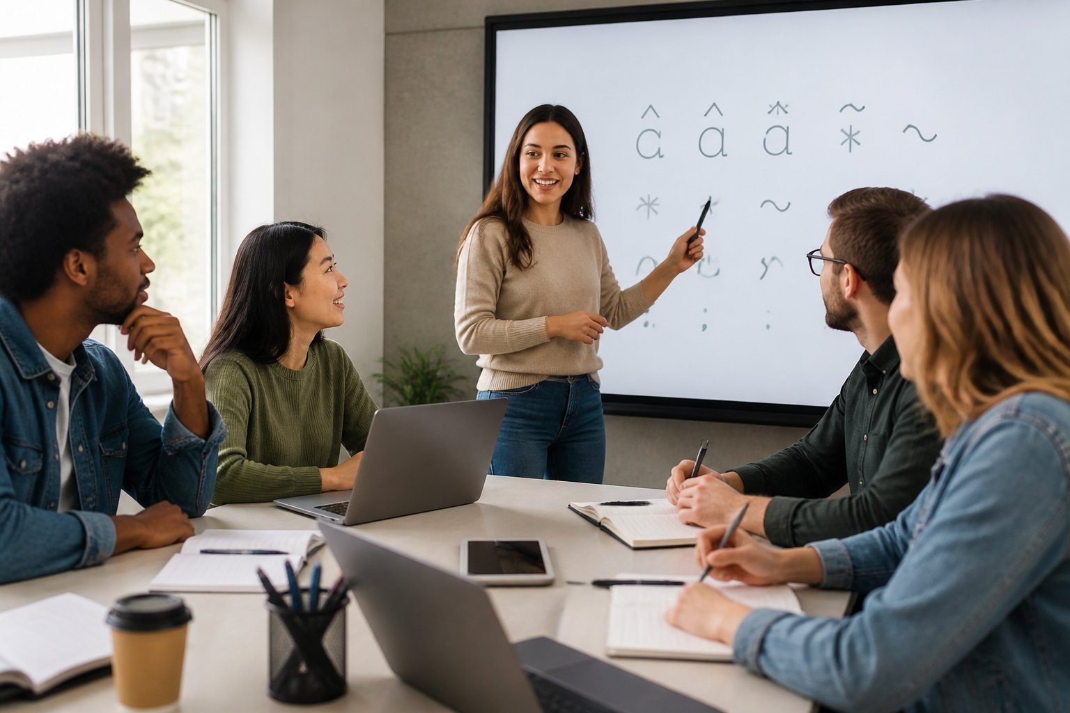 Grupo de jovens adultos em uma sala de aula moderna, atentos a uma aula sobre gramática da língua portuguesa, com materiais de estudo sobre a mesa.