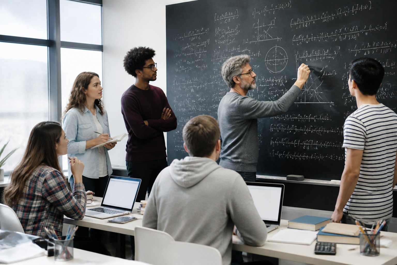 Sala de aula moderna com pessoas concentradas resolvendo uma equação complexa no quadro.
